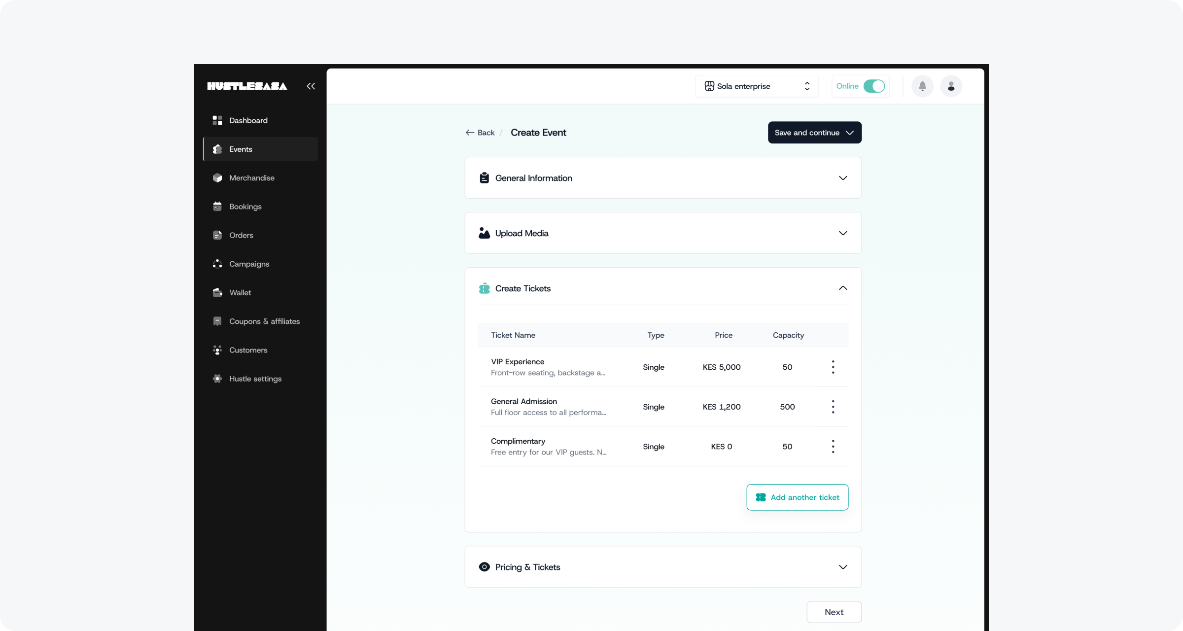 Create Event page